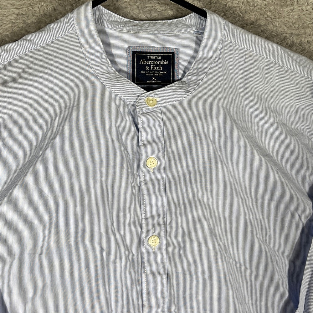 Abercrombie & Fitch Mens XL Blue Micro Stripe Band Collar Stretch Button Down